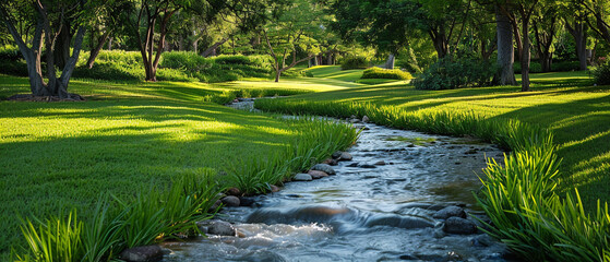 flourishing low grass park next to a flowing creek