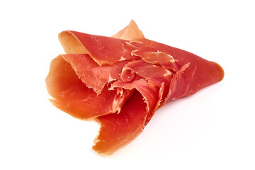 Spanish jamon iberico, serrano ham, isolated on white background. High resolution image