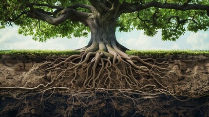 Detailed view of a large tree showing both its verdant canopy and exposed intricate root system in soil.