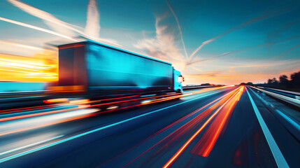 High-speed motion blur capture of a blue truck on a highway at sunset, showcasing vibrant light trails.