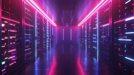 Fototapeta premium Hightech neural network server room, rows of LED lights, dim ambient, isometric angle