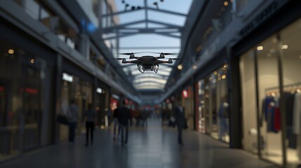 Retail security drone flying overhead, dim evening light, birds eye view, monitoring shoppers