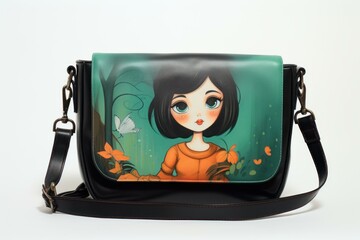 Stylish shoulder bag with an artistic cartoon girl illustration on a white background