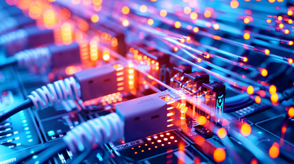 Close-up of a vibrant computer motherboard with glowing orange lights, showcasing advanced technology.