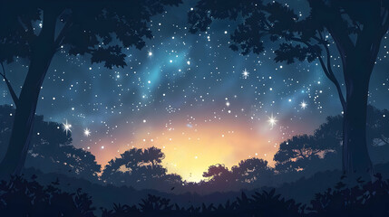 Enchanting Forest Canopy Silhouetted Against Starry Sky Concept   Flat Design Icon Illustration of Mysterious Woodland Night Scene
