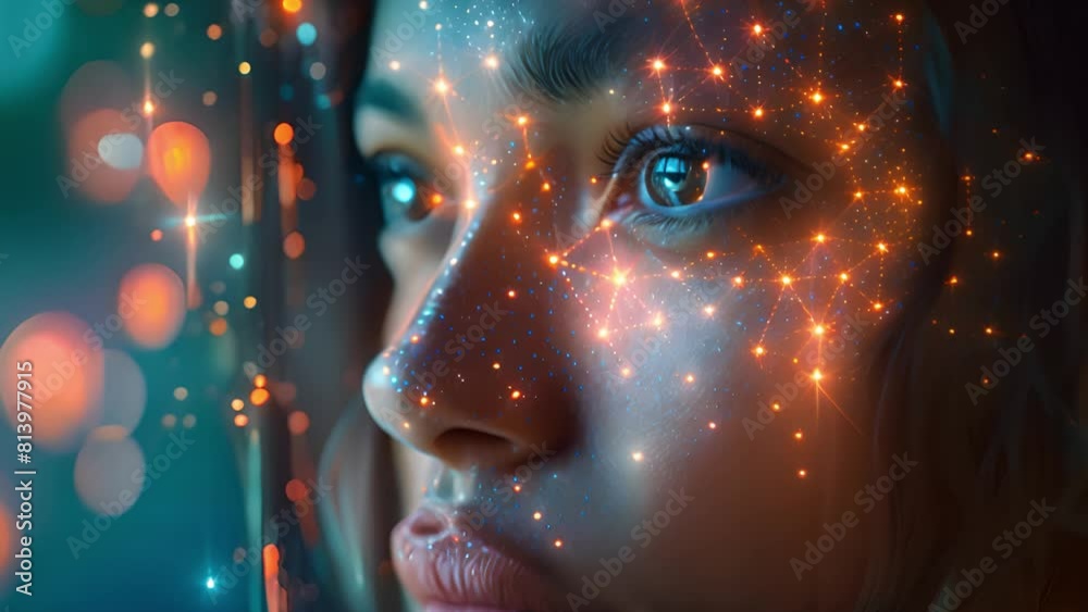 Poster a womans face illuminated by vibrant glowing lights creating a striking visual effect.
