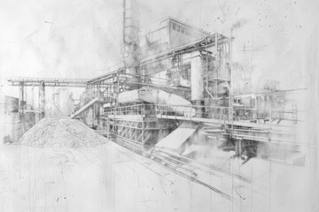 Fototapeta premium Detailed drawing of a factory with various machinery, suitable for industrial concept designs