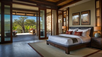 Obraz premium luxurious bedroom with high-quality materials and furniture, such as exclusive linens, plush carpets, and glamorous touches like crystal and gold, to create a luxurious and elegant atmosphere.