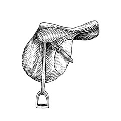 Graphic vector illustration of a horse riding saddle. Hand painting. Horse equipment