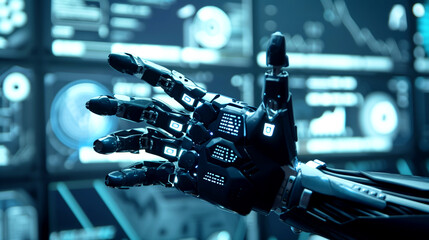Fototapeta premium Detailed close-up of a robotic hand with illuminated panels against a high-tech dashboard background.