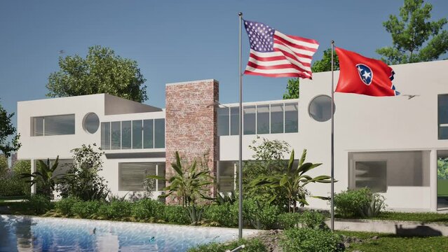 Modellazione 3D e video di edificio reaidenziale con piscina  e bandiere USA e Tennessee al vento