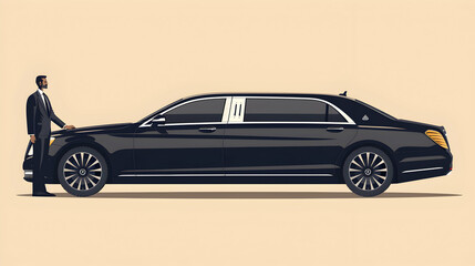 Luxurious Limousine Service: A stylish flat design icon showcasing a dedicated limousine driver providing top tier service for high end clients, ensuring a luxurious and smooth rid