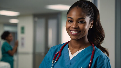 Black Woman or female nurse headshot photograph in a hospital, healthcare worker, woman nurse smiling, registered nurse	