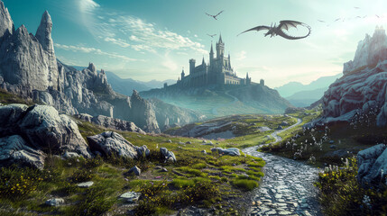 A beautiful fantasy landscape with a dragon flying in the sky, Generative AI