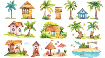 Obraz premium Tropical Island Getaway with Lush Vegetation Cozy Beach Huts and Serene Waterfront Landscapes