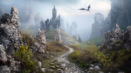 A beautiful fantasy landscape with a dragon flying in the sky, Generative AI