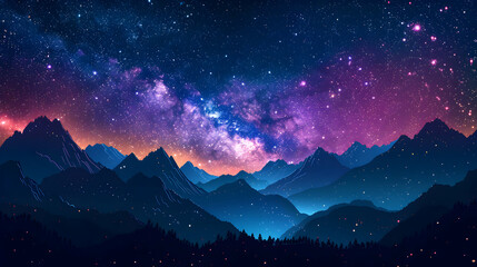 Milky Way Over Mountain Peaks   The Milky Way stretches above towering mountain peaks, illuminating the night with celestial brilliance. Flat Design Concept