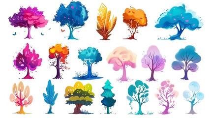 Vibrant and Whimsical Silhouette Trees in Colorful Watercolor Landscape