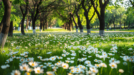 flourishing tree-lined park with lively trees and blooming daisies