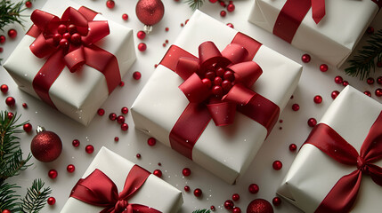 Top View of Christmas Birthday Presents Wrapped,
Beautiful gifts with bows on wooden background
