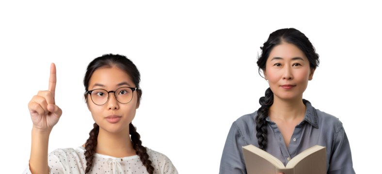 Assembly of Asian Teachers with Glasses: Japanese and Korean Women Guiding for Teachers’ Day, Isolated on Transparent Background, PNG