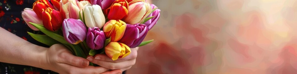 Fototapeta premium A woman tender grasp cradles a vivid array of tulips