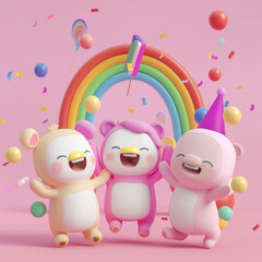 Fototapeta premium Lustige Figuren in rosa und Regenbogen mit Luftballons und Konfetti als Druckvorlage für Grußkarten und Kinderzimmer Tapeten