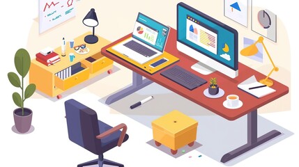 isometric home office with a large desk, 2 computers, a comfortable chair, plants, and other office supplies