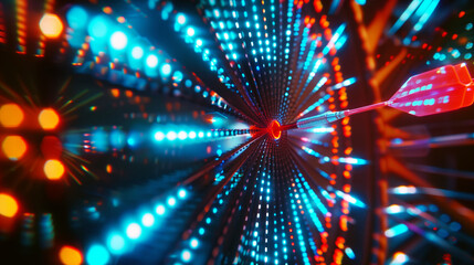 Futuristic tunnel with vivid lights and a dart speeding towards the center in a dynamic motion blur.