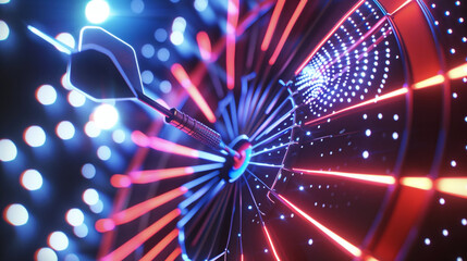 A close-up of a dart hitting the bullseye on a dartboard, illuminated by vibrant neon lights.