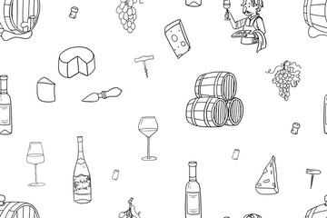 Seamless pattern of wine bottles, oak barrels, wicker wine bottles and wine glasses of various sizes and shapes. Winemaker. Winery. Grape, cheese. Great for bar menu, banner, celebration. Hand drawn