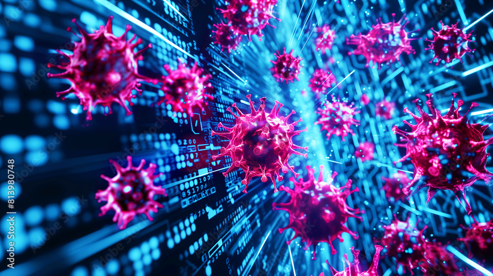 Wall mural dynamic representation of red virus particles against a digital blue binary code background.