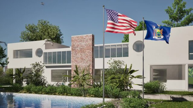 Modellazione 3D e video di edificio reaidenziale con piscina  e bandiere USA e New York al vento