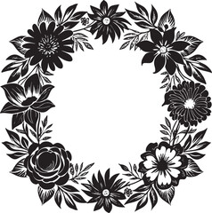 Illustration of floral frame with black and white flowers on white background