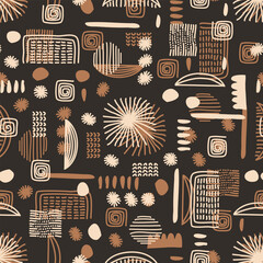 Abstract geometric modern hand drawn seamless pattern. Vector coffee color authentic ornament. Use for clothing, home decoration, packaging and cases.