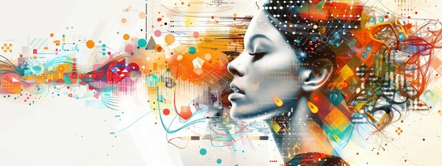 Exploring the modern concept of creative mind and abstract artistic expression in digital technology through the profile of a woman