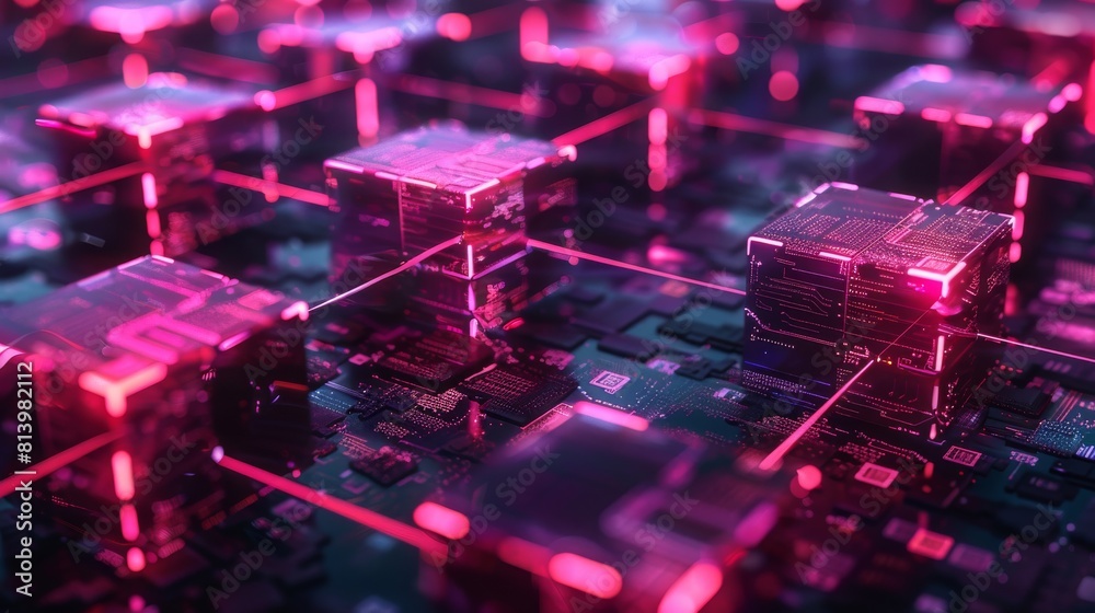 Poster a high-tech digital visualization of a cybernetic cityscape, illuminated by vibrant neon lights and 