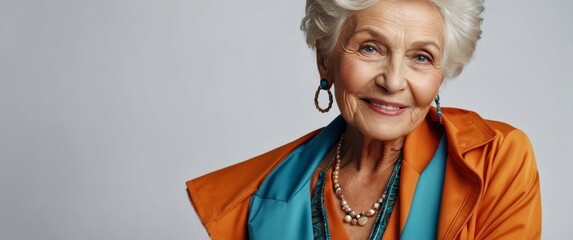Elderly Caucasian woman in chic attire, radiating joy, against a white backdrop.