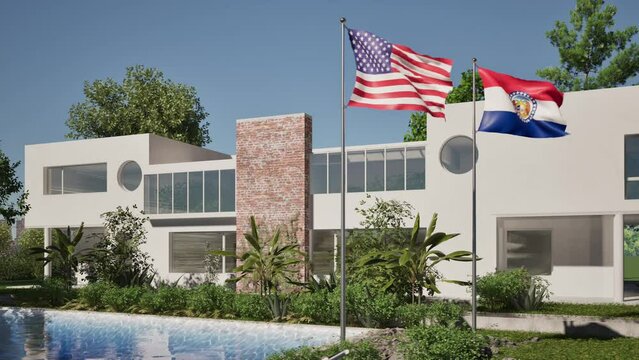 Modellazione 3D e video di edificio reaidenziale con piscina  e bandiere USA e Missouri al vento