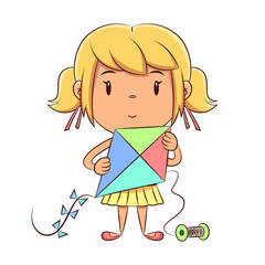 Girl holding kite, happy cute child