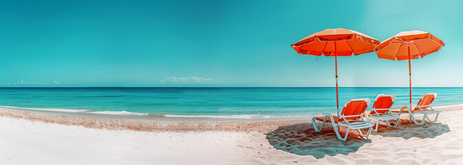 This vibrant beach scene features a pair of bright orange umbrellas and matching sunbeds on a pristine white sand shoreline, facing the tranquil turquoise waters under a clear blue sky dotted with clo