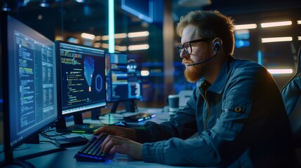 Focused male software developer working late at night in a modern, neon-lit office, coding on multiple monitors.