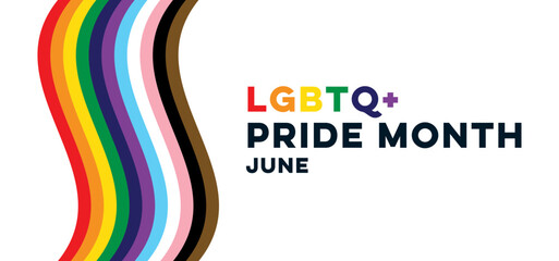 LGBTQ+ Pride Month Banner. LGBTQ Pride Month Text with Wavy Pride Flag Design Element. Vector Illustration