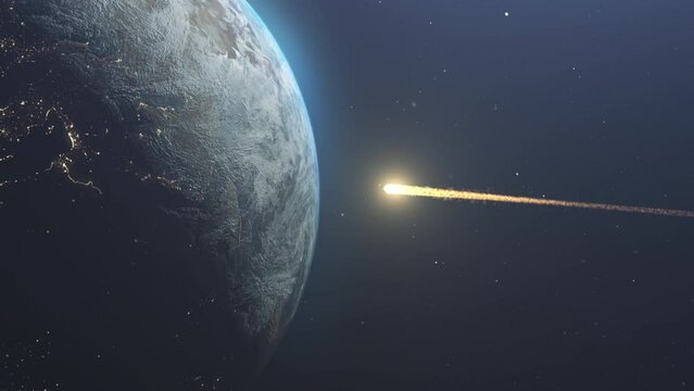 Asteroid Meteor Comet in fast speed Impacting Earth
3d rendering of apocalyptic view from close view of the meteor to the wide impact view of Planet earth,4K, 2024

