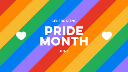 LGBTQ+ Pride Month Banner. Pride Month Text Logo on LGBT Rainbow Pride Flag Background. Striped Rainbow Flag Wallpaper. Vector Design for LGBTQ Pride Month Banner, Sign, Poster, and Social Media Post.