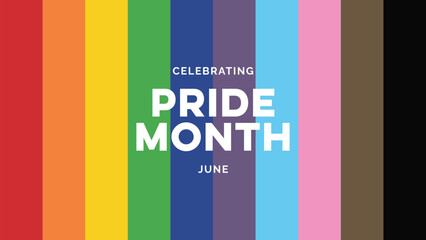 Pride Month Background with LGBTQ+ Pride Flag Colours. Rainbow Stripes Wallpaper in Gay Pride Colours with Pride Month Banner with Text