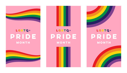 Pride Month Templates for Stories. LGBTQ+ Story Templates with Rainbow Backgrounds and Pride Month Typography. Vector Concept for LGBT Pride. 