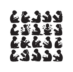 boy and girl reading book silhouette  illustration collection