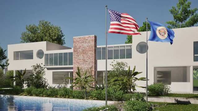 Modellazione 3D e video di edificio reaidenziale con piscina  e bandiere USA e Minnesota al vento