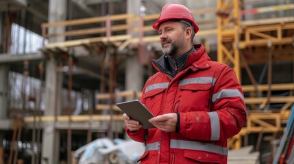 Obraz premium Middle-aged construction worker in red safety gear using a tablet at a construction site.